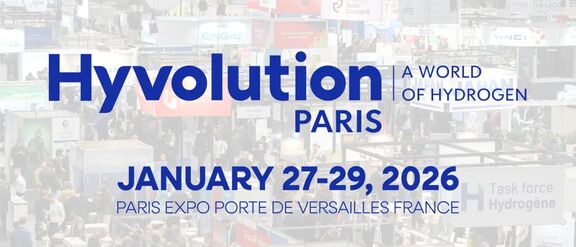 Hyvolution banner: "Hyvolution Paris | A world of Hydrogen", January 27-29, 2026 at Paris Expo Porte de Versailles France